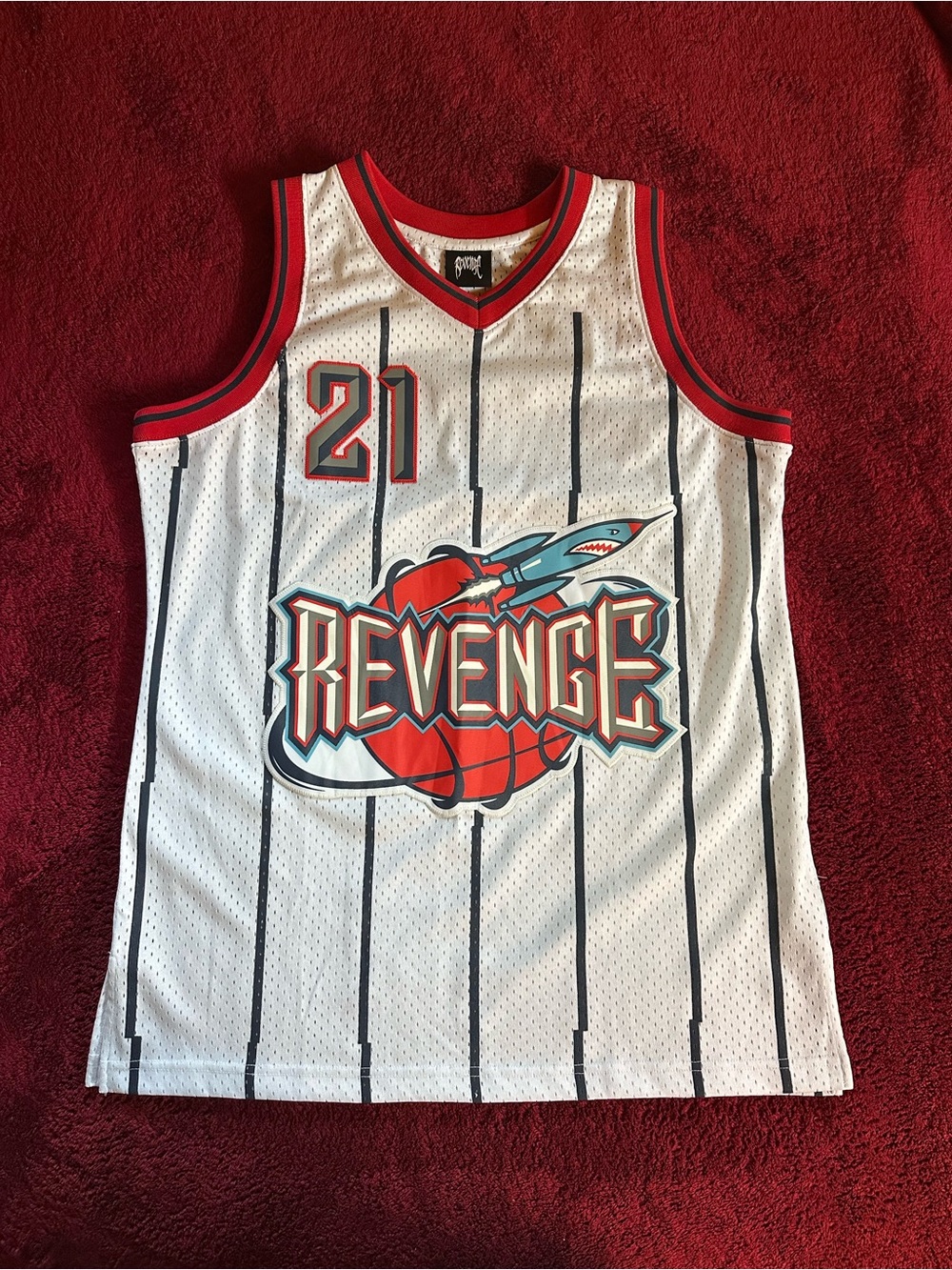 Revenge Clothing White Pinstripe Basketball Jersey #21 Revenge Rockets